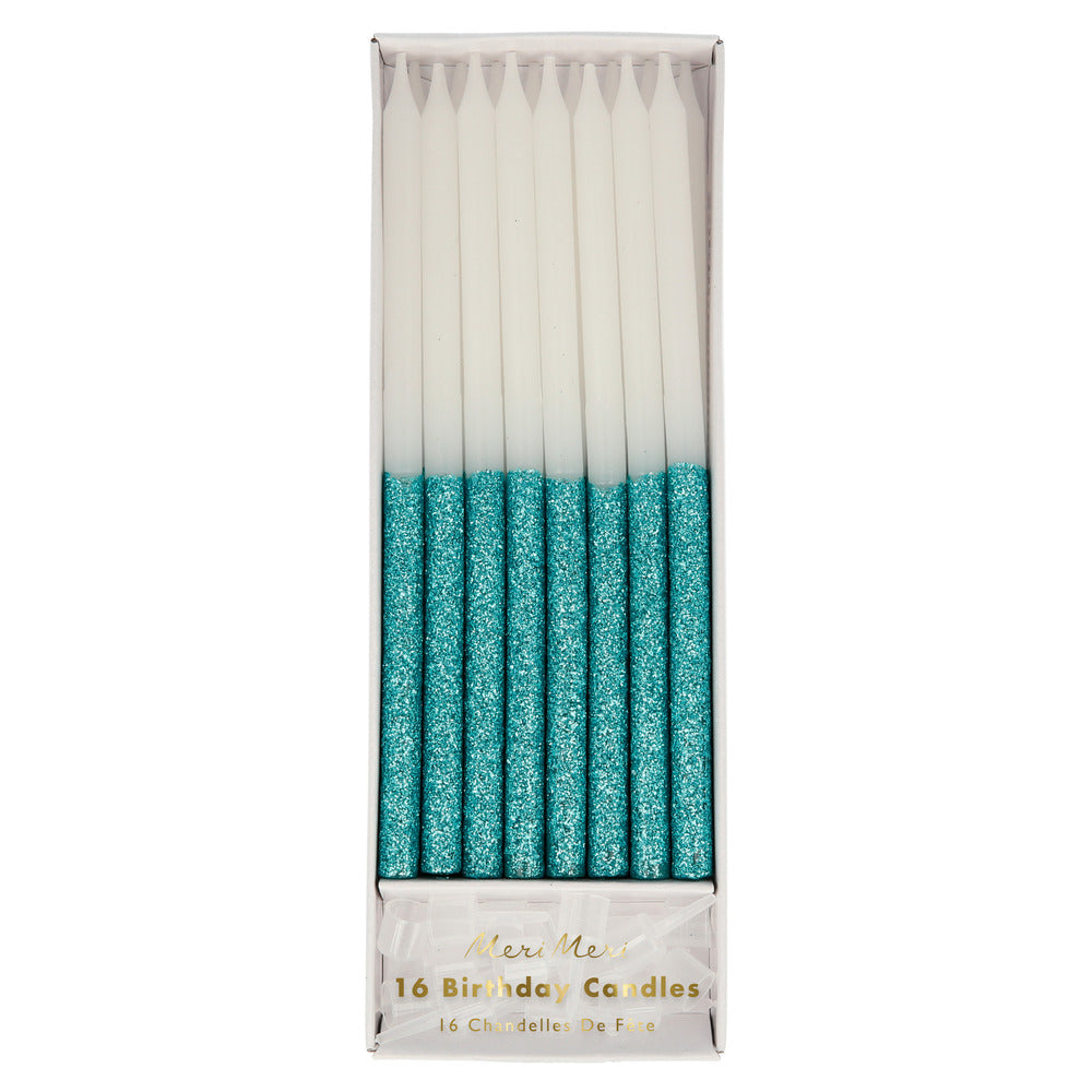 Velas purpurina azul | Pack 16 uds.